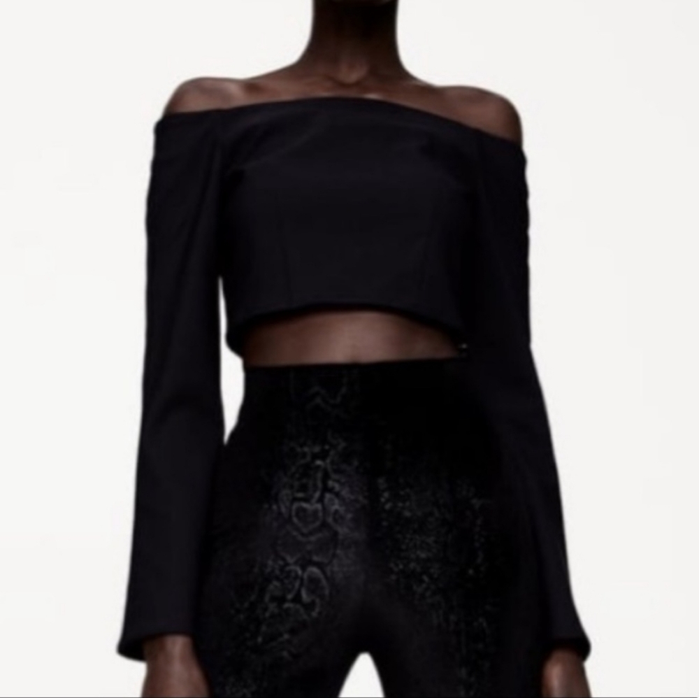 Zara Black Crop Top Bell Sleeves Size S